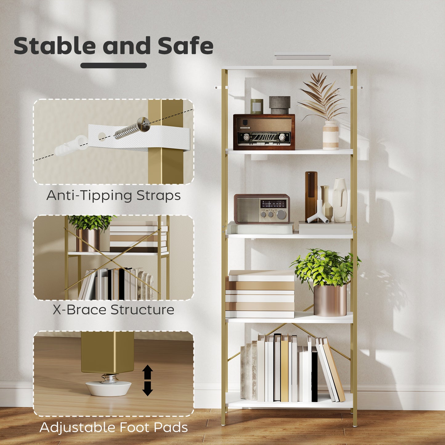 5-Tier Bookshelf, Modern Bookcase with Metal Frame - White and Gold Tone