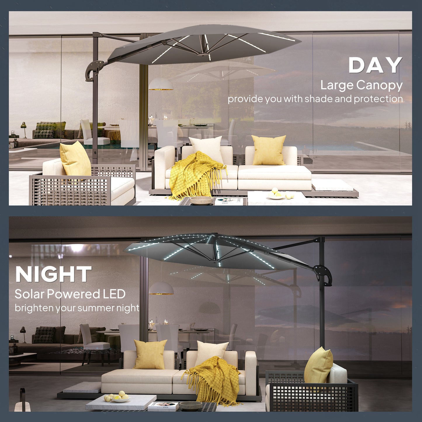 3(m) Cantilever Garden Parasol with Solar Powered Lights, Crank Handle & Cross Base, UPF 50+, 360° Rotation, Dark Grey