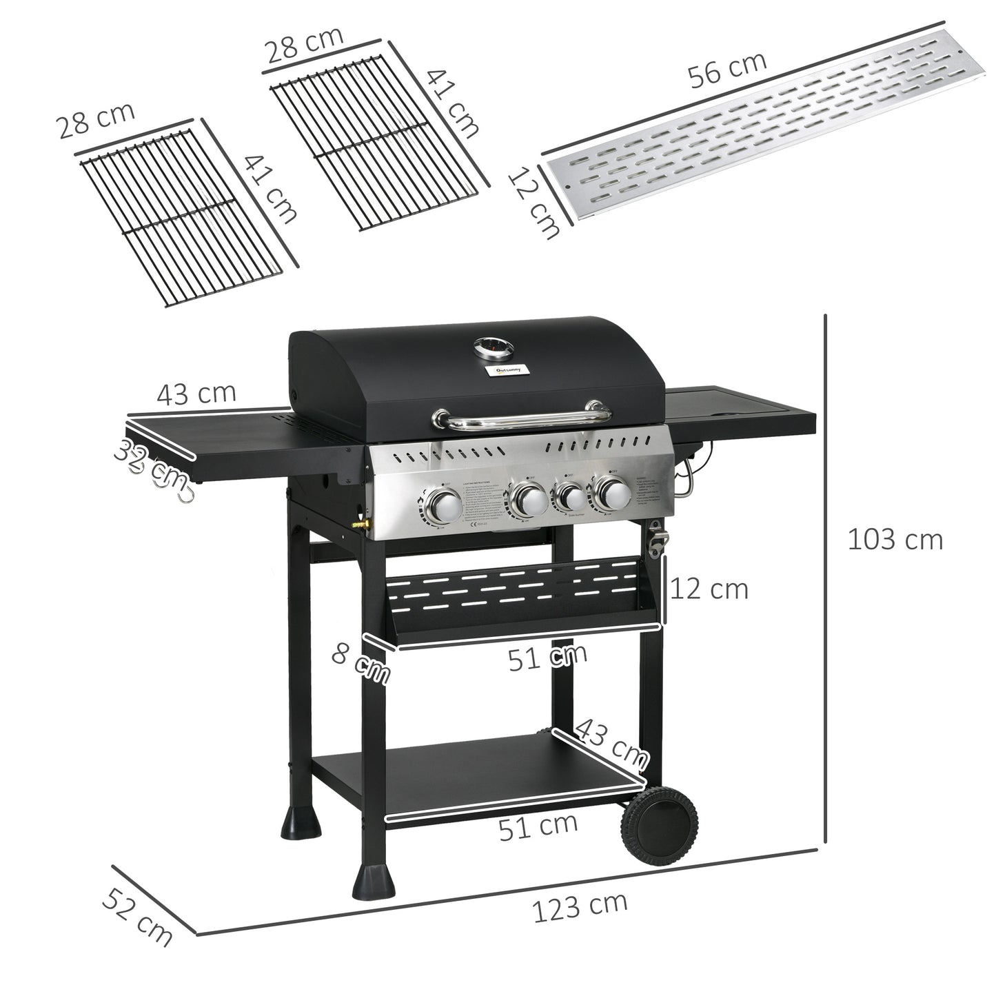 Four-Burner Steel Gas Grill, with Thermometer - Black