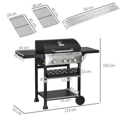 Four-Burner Steel Gas Grill, with Thermometer - Black
