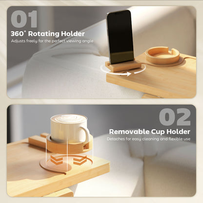 Anti-Slip Sofa Armrest Tray, Bamboo Sofa Arm Tray with 360° Phone Holder and Removable Cup Holder, Natural