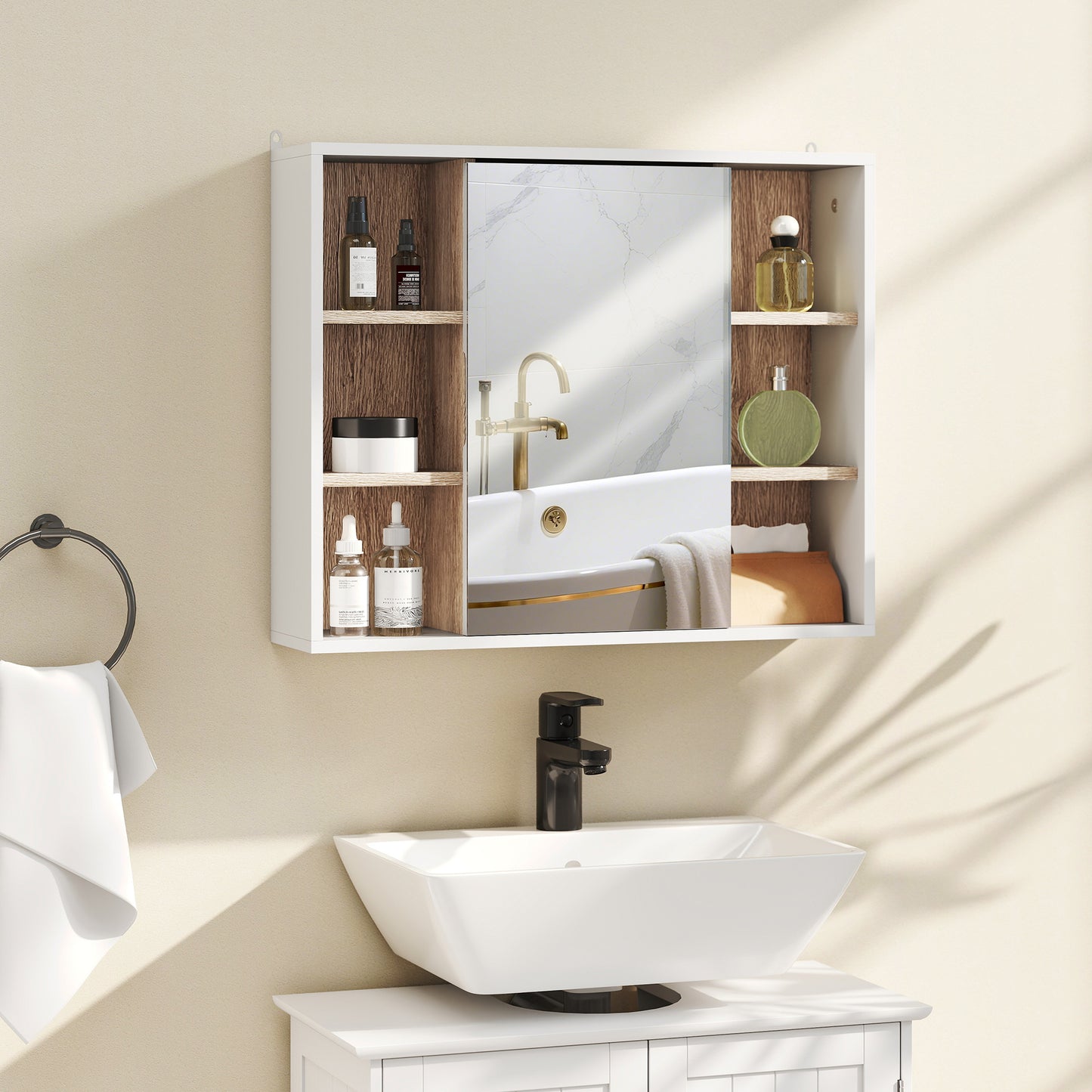 Bathroom Mirror Cabinet, Wall Mounted Storage Cabinet with Open Cupboard and Adjustable Shelf, White