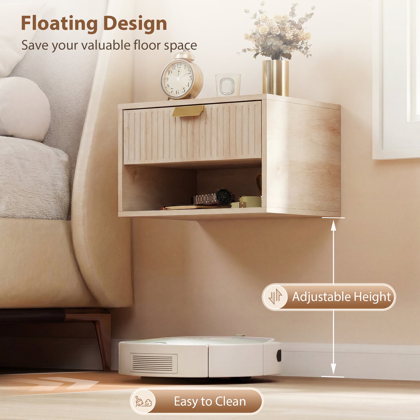Set of 2 Wall Mounted Nightstands, Floating Bedside Tables with Fluted Drawer and Open Shelf for Small Bedroom, Oak