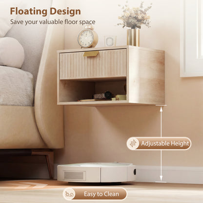 Set of 2 Wall Mounted Nightstands, Floating Bedside Tables with Fluted Drawer and Open Shelf for Small Bedroom, Oak