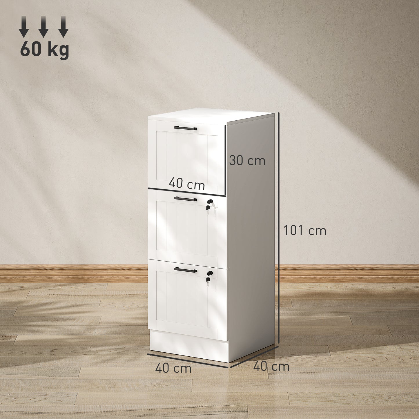3 Drawer Filing Cabinet with Lock, Office Storage Cabinet with Adjustable Hanging Bars for A4 Letter Size Files, White