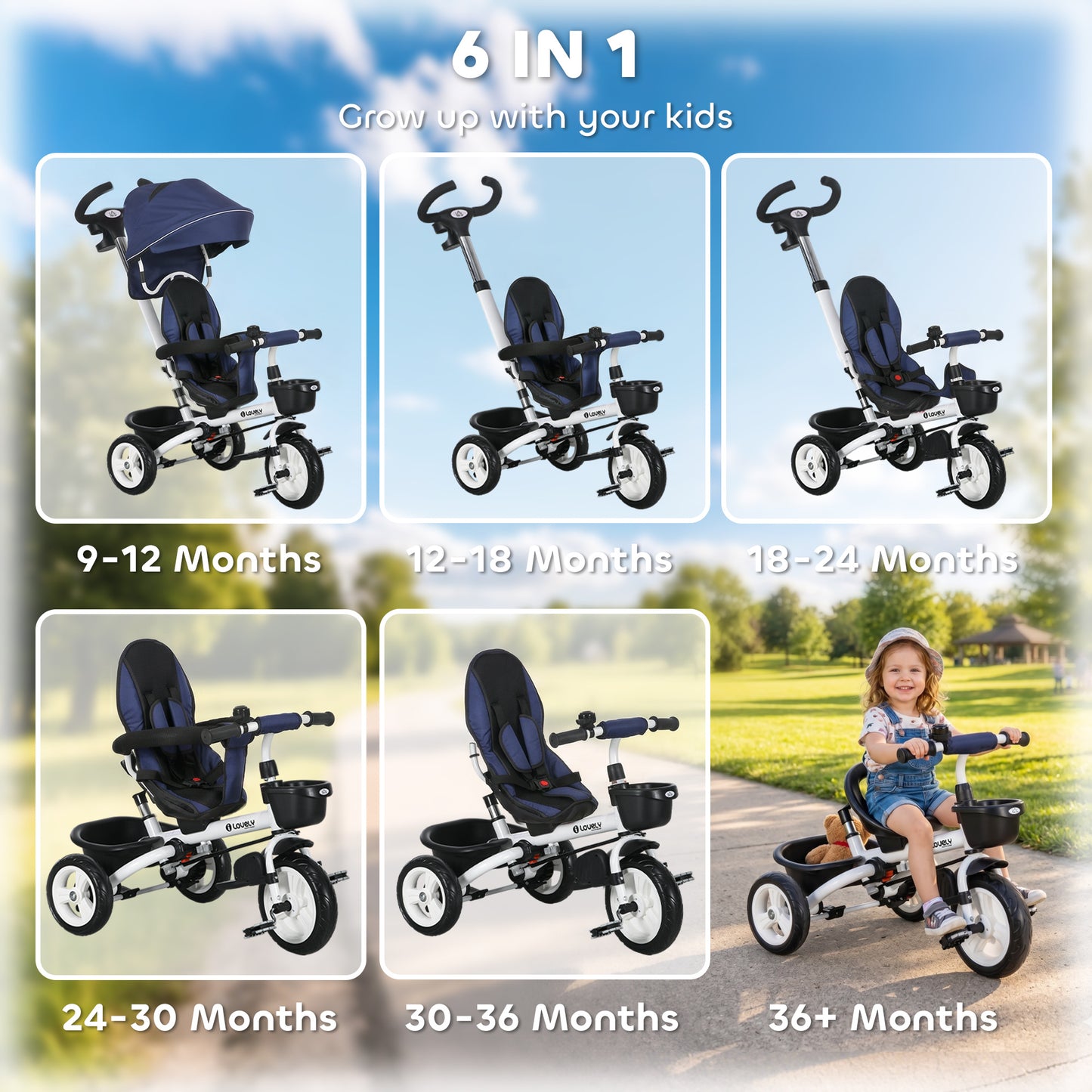 Metal Frame 6 in 1 Baby Push Tricycle with Parent Handle for 1-5 Years Old, Dark Blue