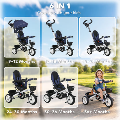 Metal Frame 6 in 1 Baby Push Tricycle with Parent Handle for 1-5 Years Old, Dark Blue