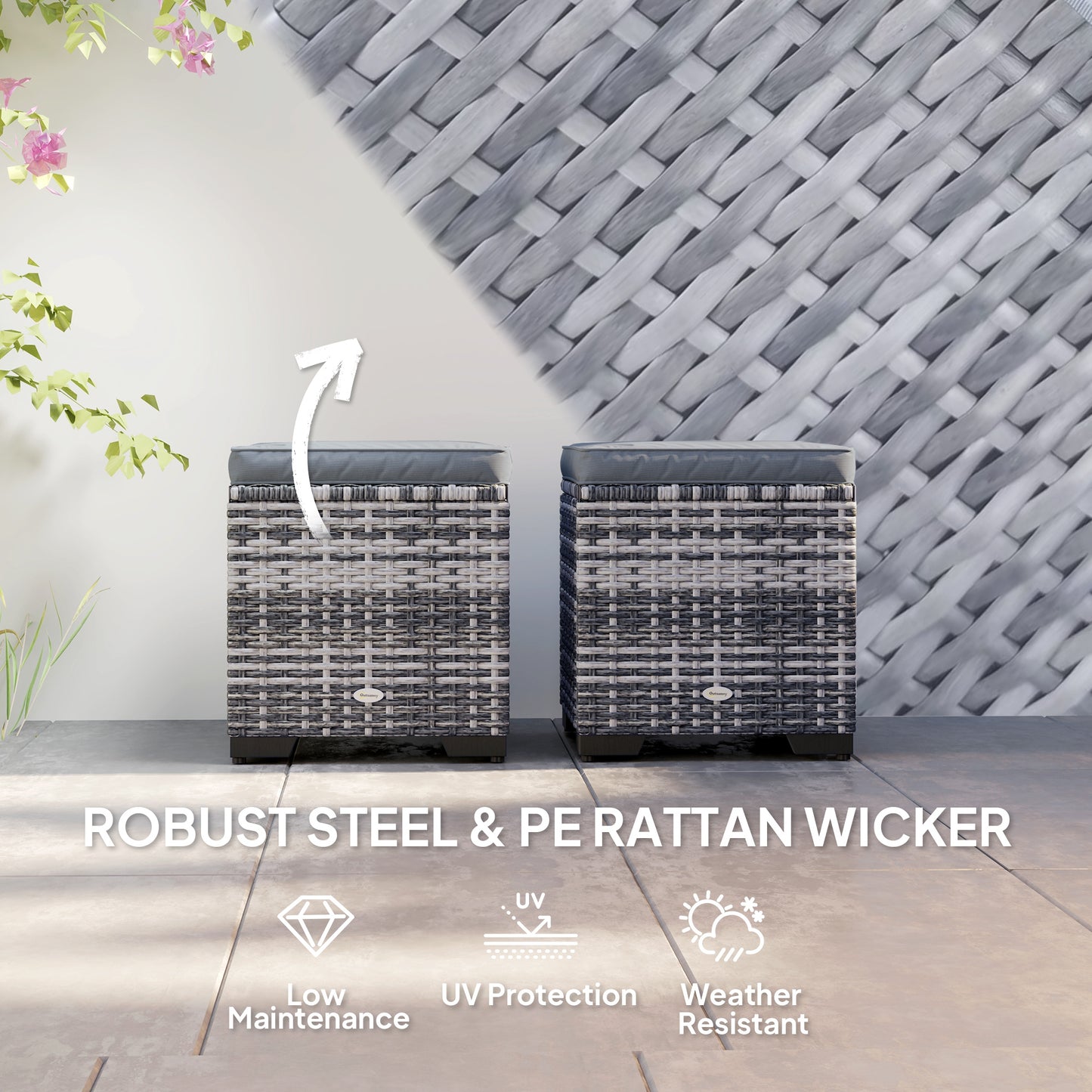 Set of 2 Rattan Storage Ottoman, Outdoor Footstool with Removable Cushions, Garden Storage Seat for Balcony, Porch