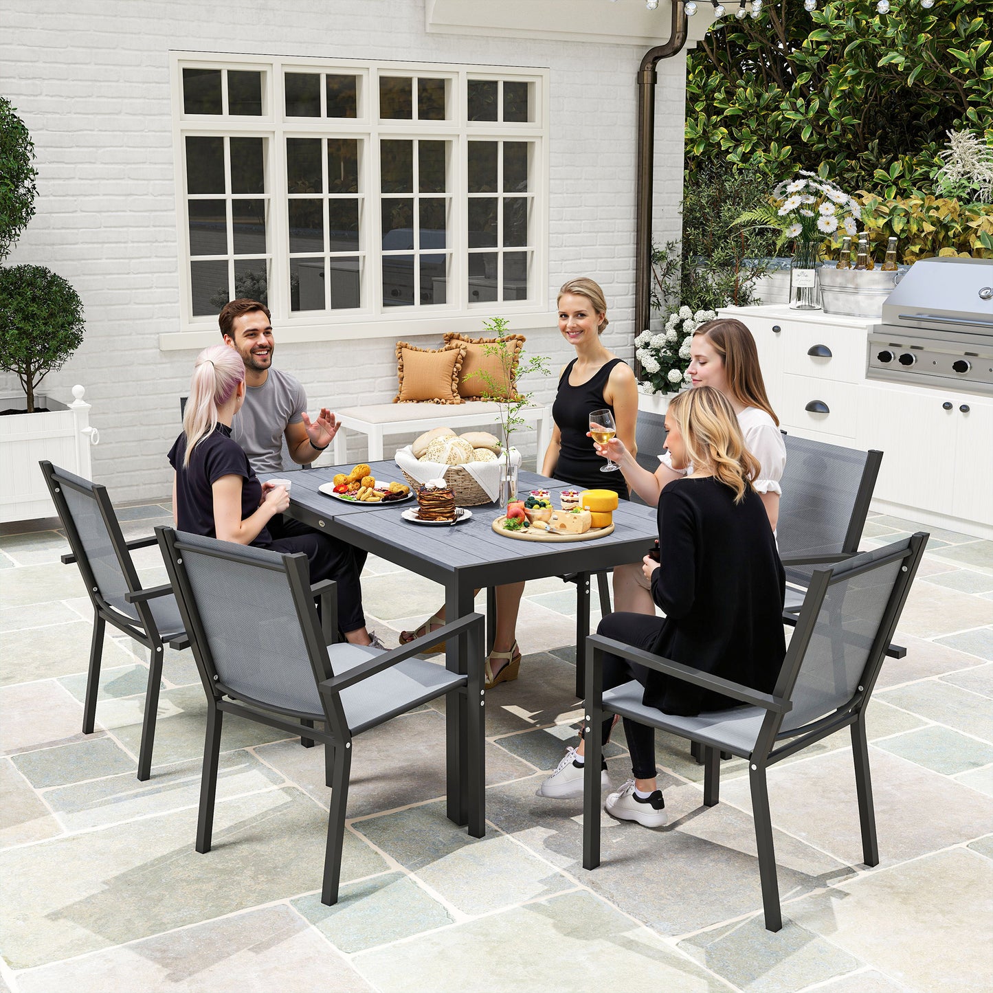 Seven-Piece Garden Dining Set, with Plastic Wood-Top Table - Grey