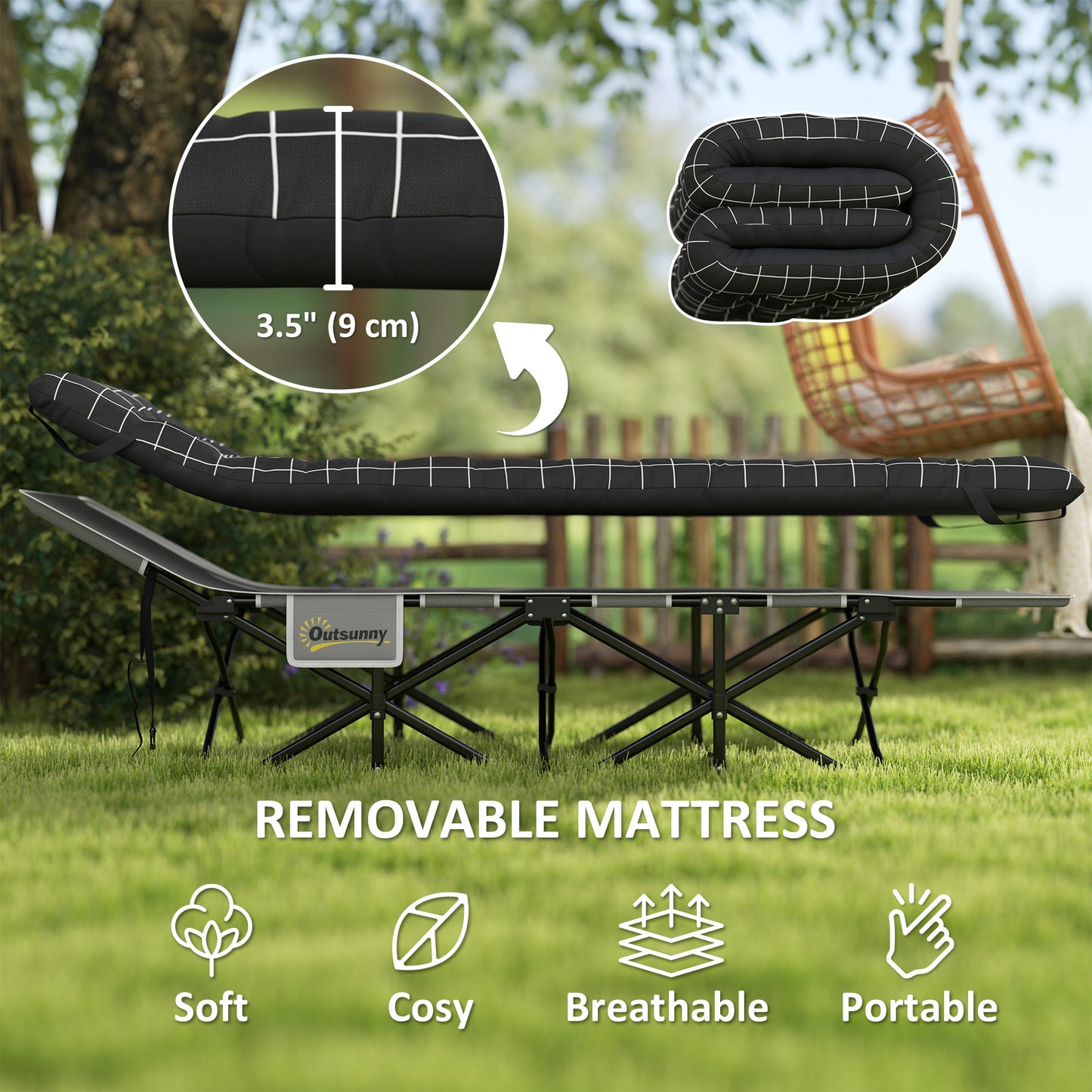 67cm Wide Folding Bed, Camping Cot for Adults with Mattress, Storage Pocket, Carry Bag, Max Load 150kg, Black