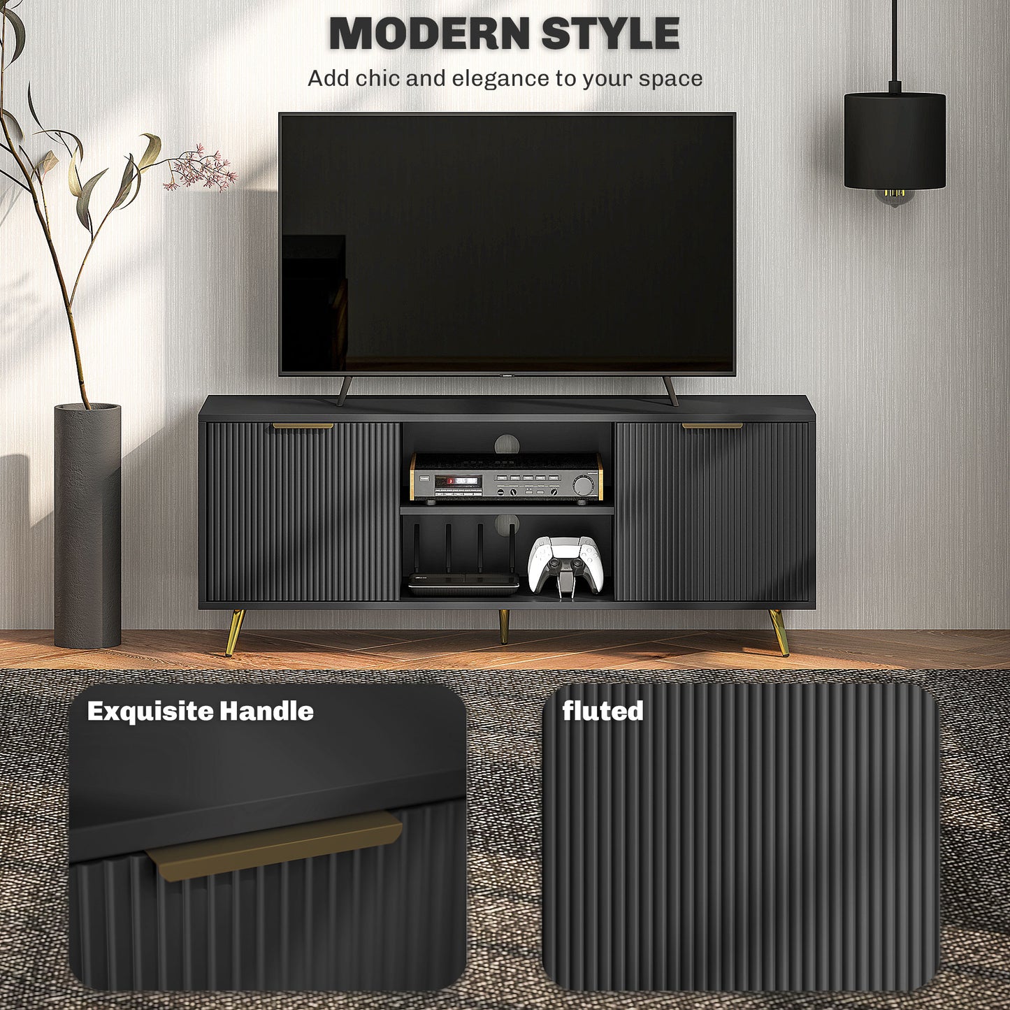 Modern TV Stand Cabinet for TVs up to 55", TV Unit with 2 Open Shelves and 2 Cabinets