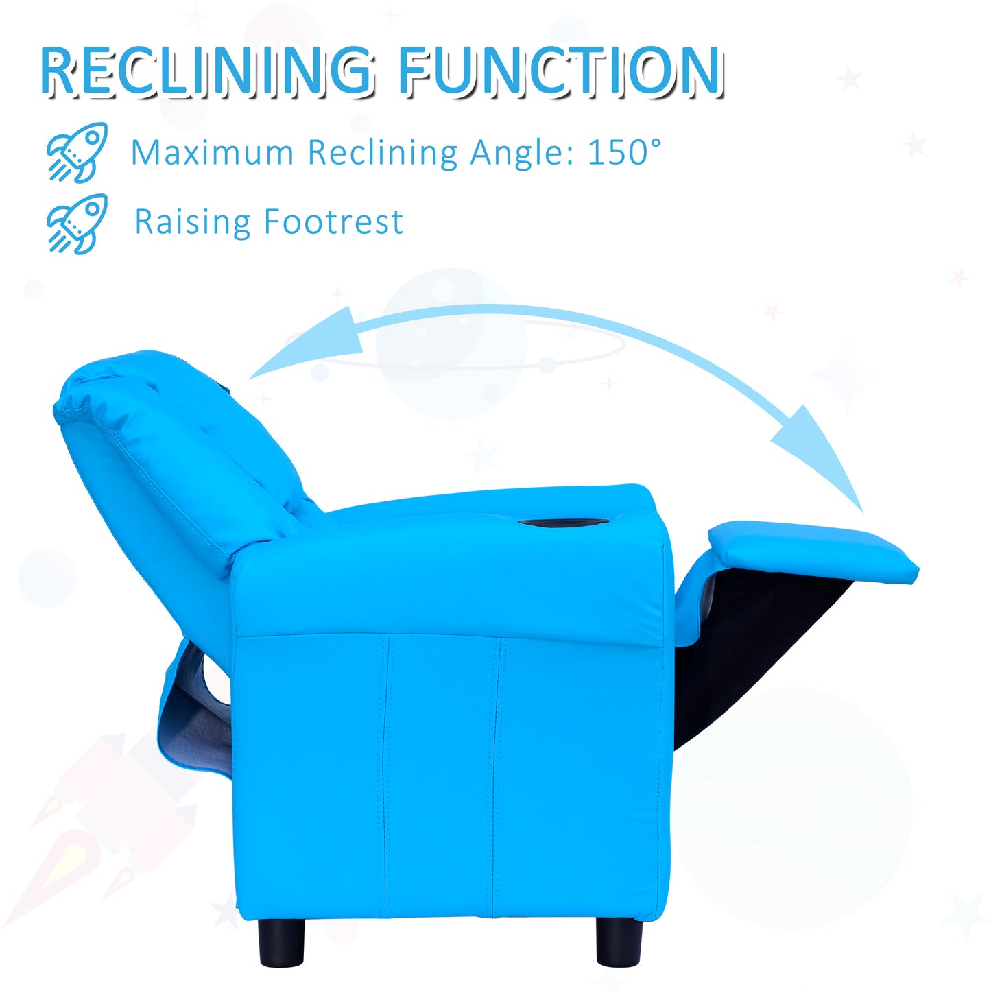Kids Recliner Chair, PU Leather with Adjustable Backrest, Footrest, Padded Headrest, Blue