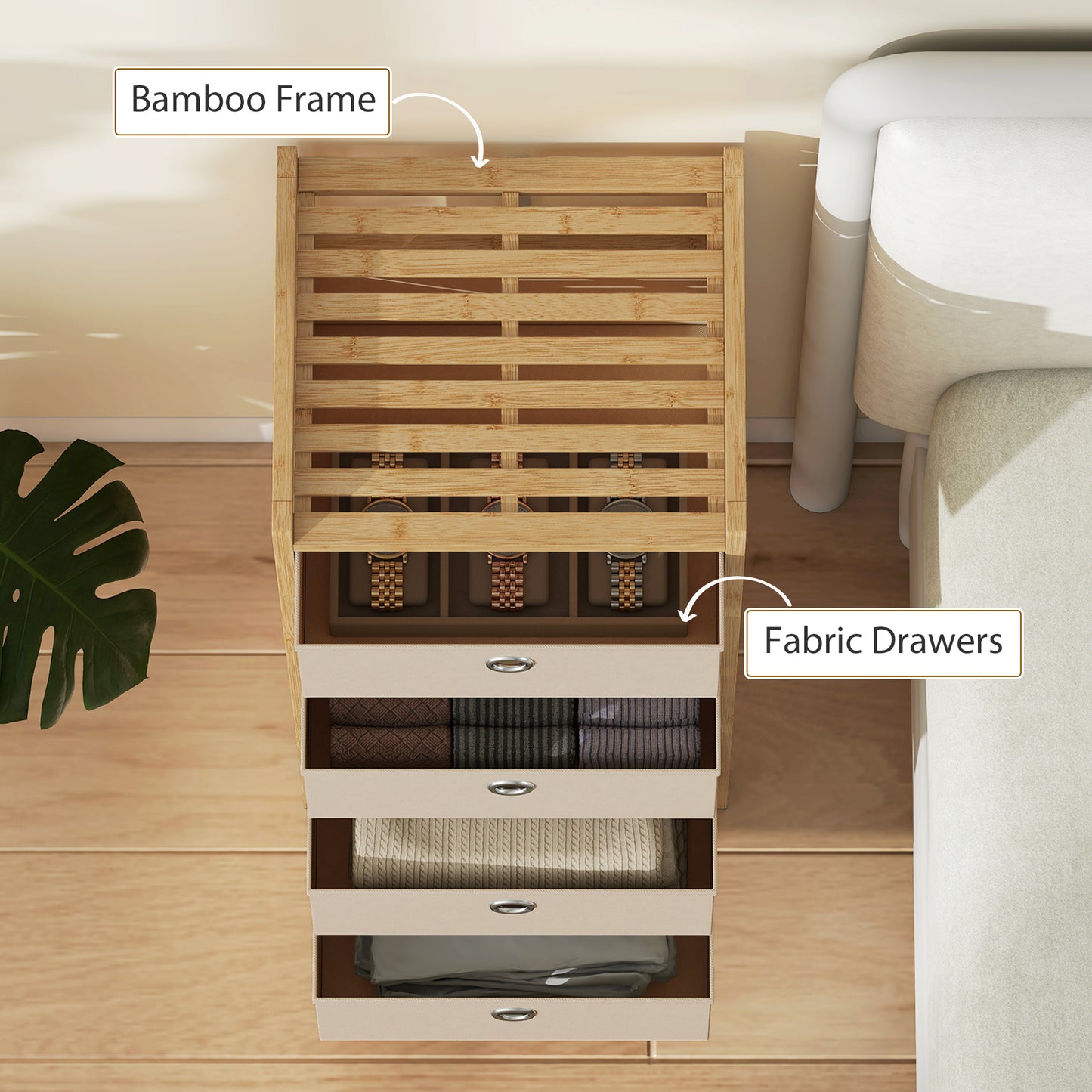 Chest of Drawers, 4 Fabric Drawers Narrow Dresser with Bamboo Frame, Cream White