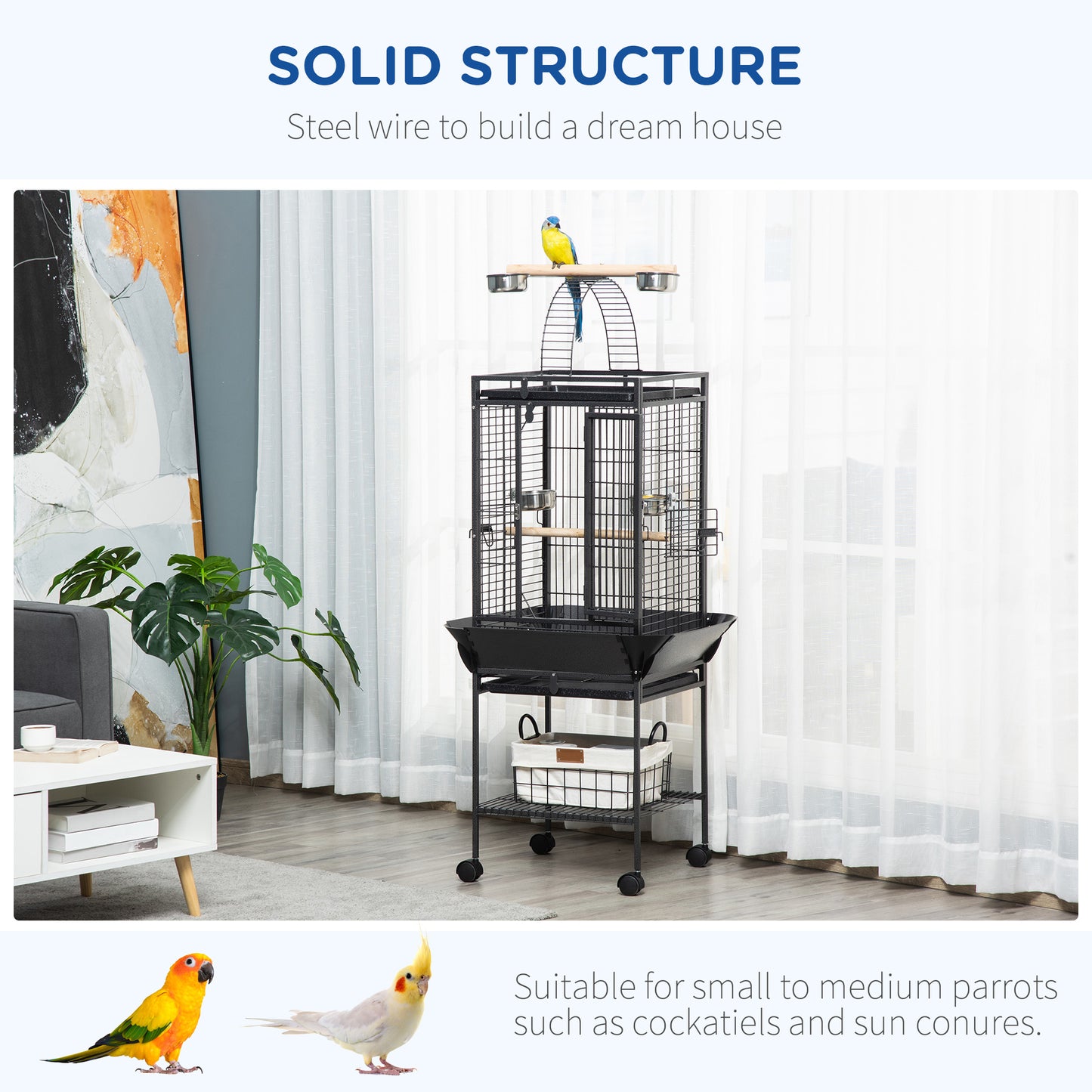 156cm Bird Cage,Large Parrot Cage with Open Play Top, Perch, Seed Guard, Wheels, Storage Shelf, Dark Grey