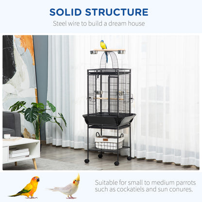 156cm Bird Cage,Large Parrot Cage with Open Play Top, Perch, Seed Guard, Wheels, Storage Shelf, Dark Grey