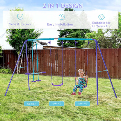 Metal Swing Set, with Seesaw, Adjustable Height, for Ages 3+ Years, Purple