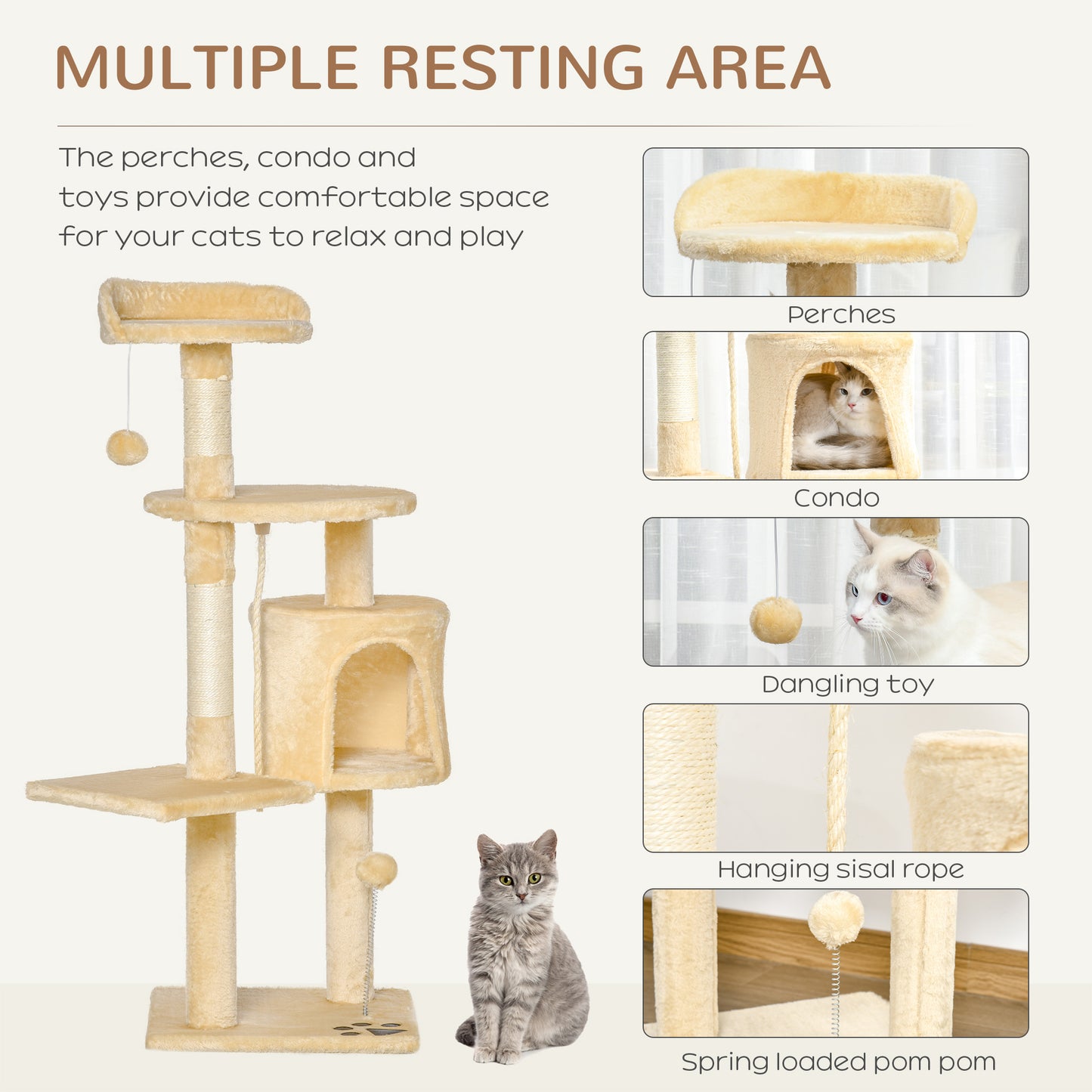Cat Tree for Indoor Cats Pet Activity Centre Kitty Condo Climbing Scratching Post with Toys 4-tier 114cm Tall Beige
