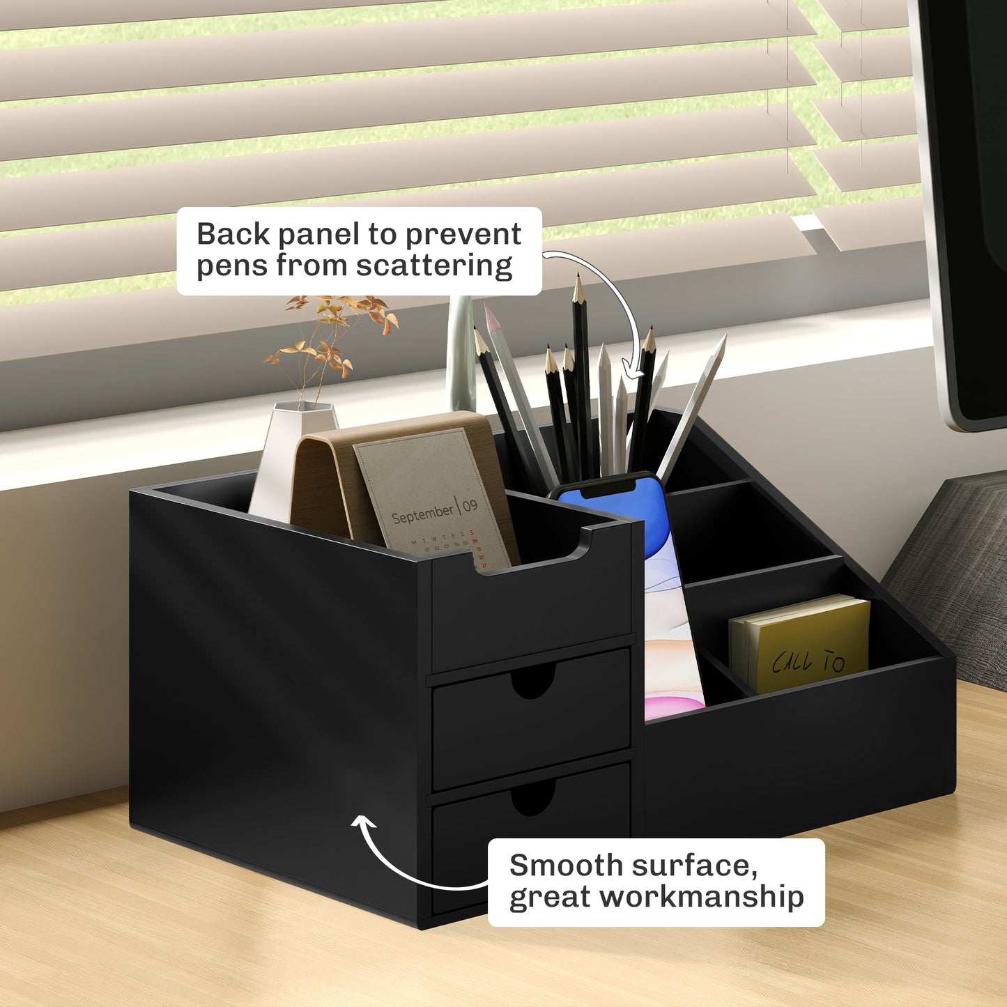 Desk Organiser Holder, Bamboo Multi-Function Storage Caddy with 7 Storage Compartments and 2 Drawers for Home Office Stationa