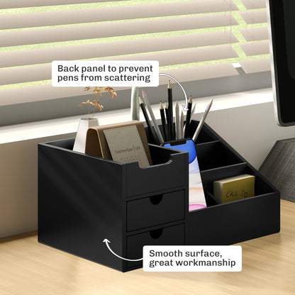 Desk Organiser Holder, Bamboo Multi-Function Storage Caddy with 7 Storage Compartments and 2 Drawers for Home Office Stationa
