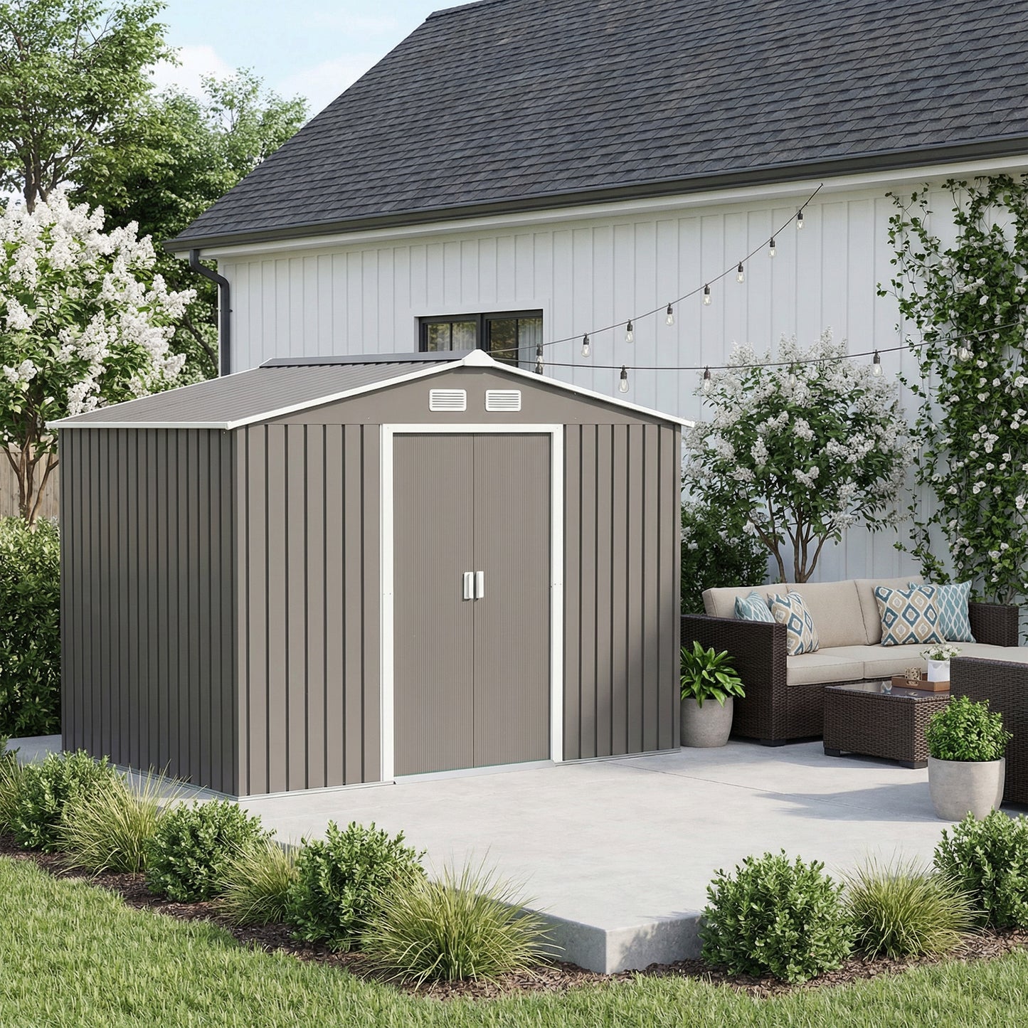 9 x 6FT Outdoor Garden Roofed Metal Storage Shed Tool Box with Foundation Ventilation & Doors Light, Grey