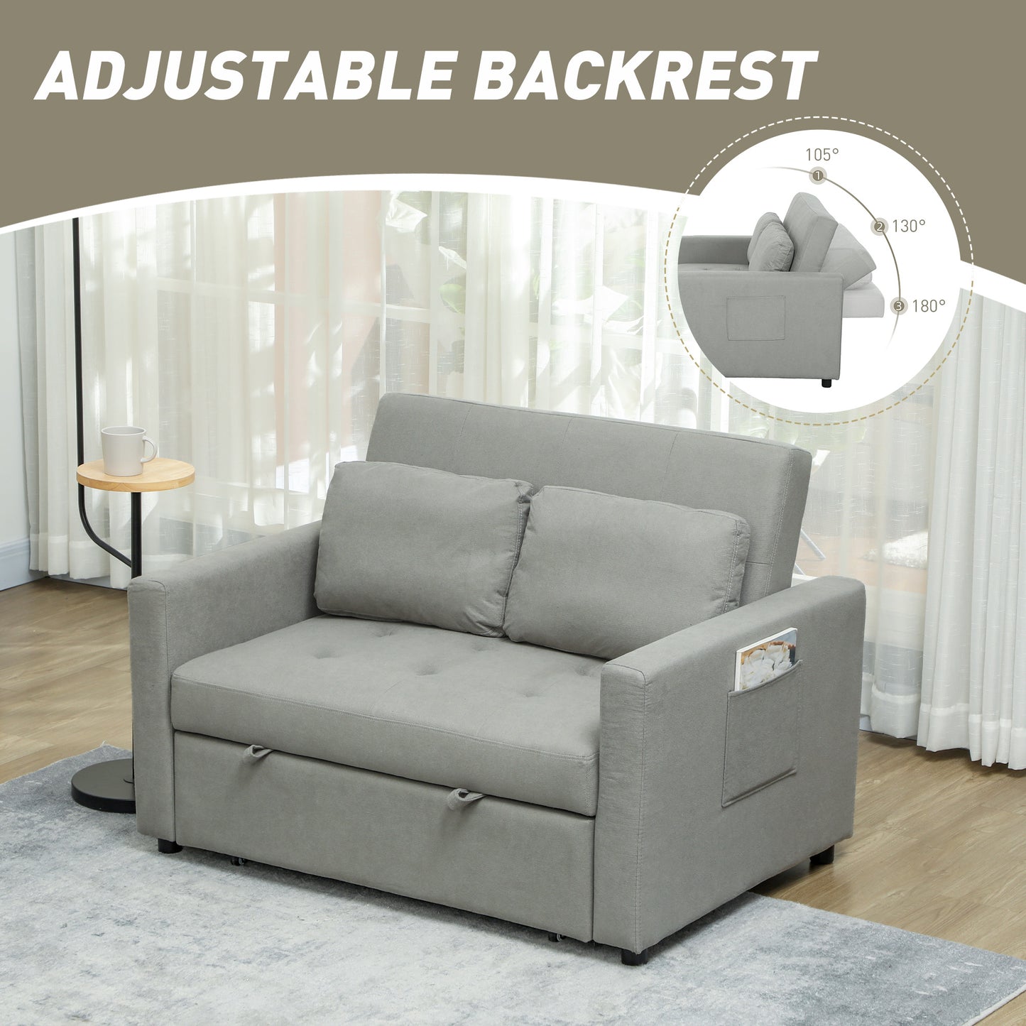 Loveseat Sofa Bed, Convertible Bed Settee with 2 Pillows, Side Pockets, Light Grey
