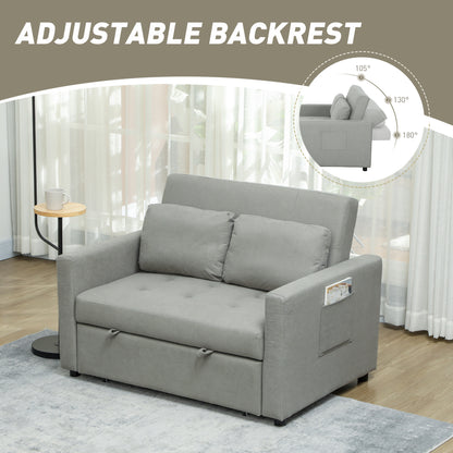 Loveseat Sofa Bed, Convertible Bed Settee with 2 Pillows, Side Pockets, Light Grey