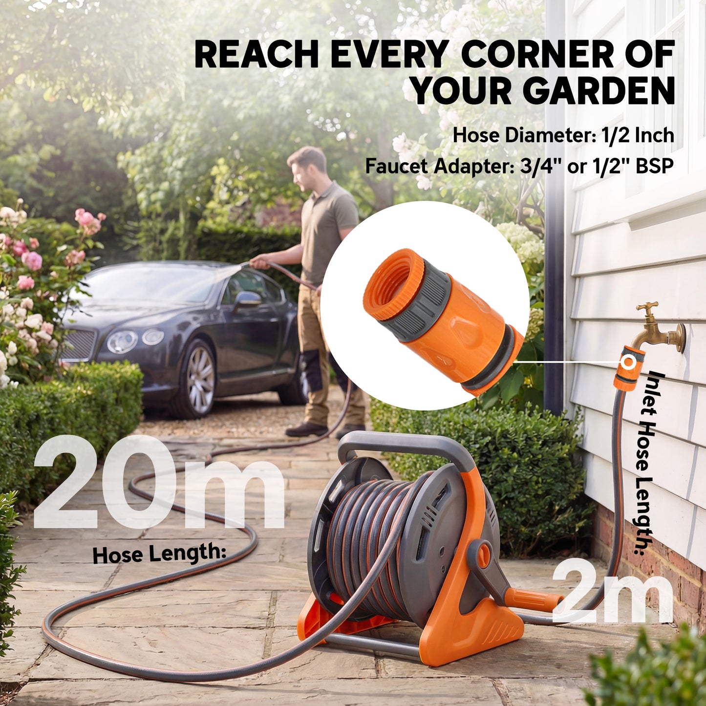 Portable Garden Hose Reel, 20+2 m Wall Mounted Hose Reel with 2 Patterns Spray Nozzle and Crank Handle, Orange