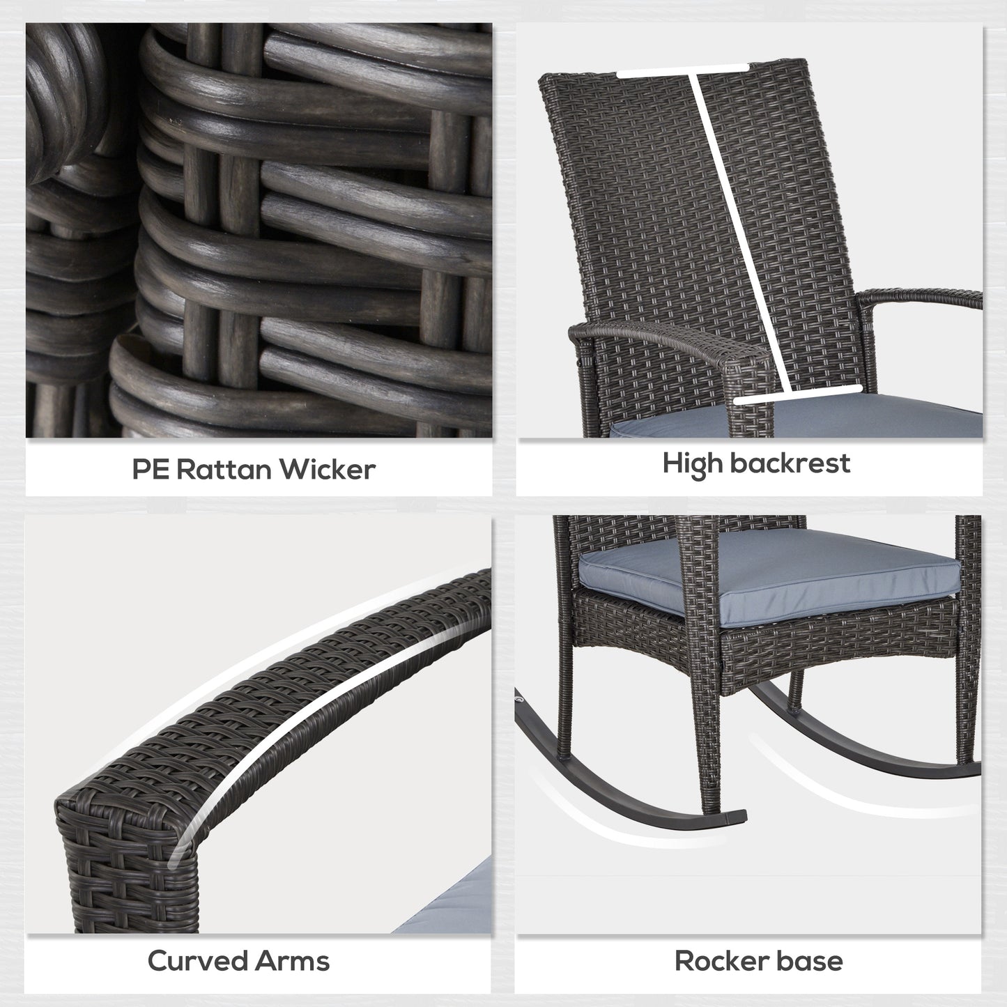 Outdoor PE Rattan Rocking Chair, Garden Rocking Chair Set with Armrest and Cushion, Grey