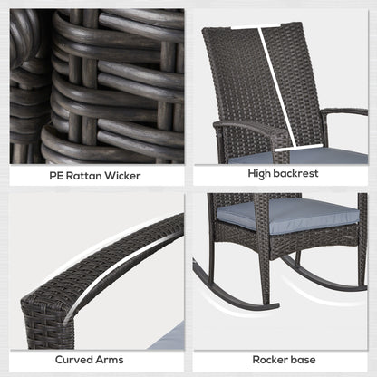 Outdoor PE Rattan Rocking Chair, Garden Rocking Chair Set with Armrest and Cushion, Grey