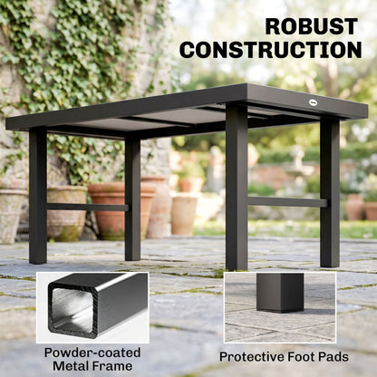 Metal Garden Coffee Table, Outdoor Side Table with SPC Woodgrain Tabletop for Outside, Garden, Balcony, Porch
