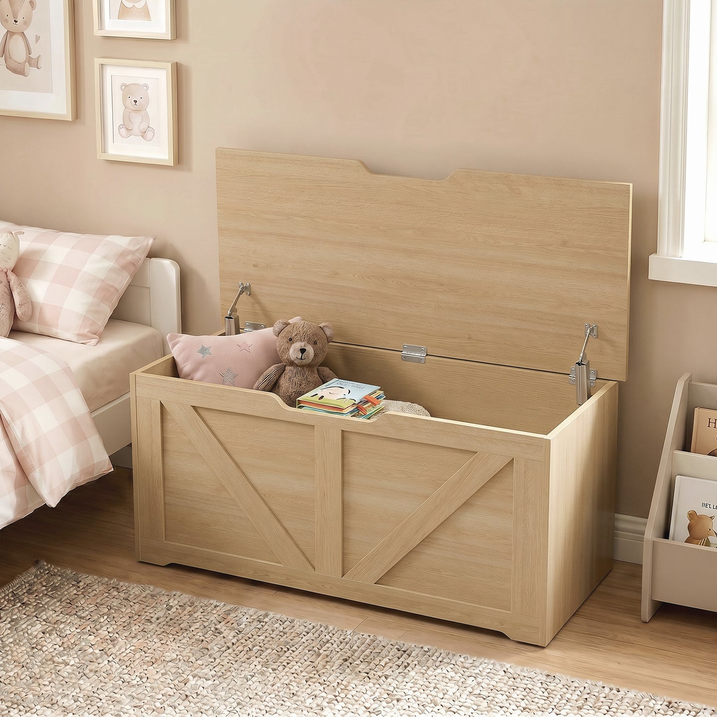 127L Home Storage Box, with Safety Hinges - Nature Wood Finish