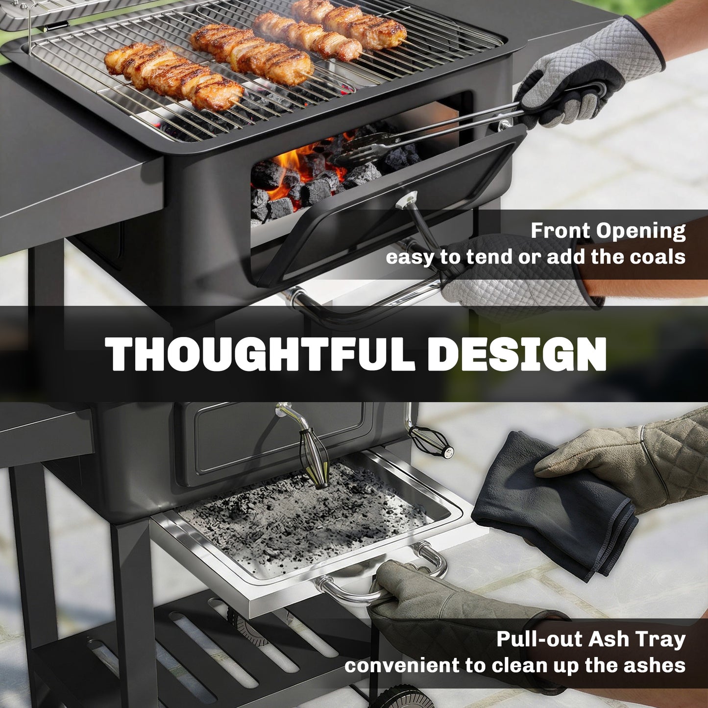 Charcoal BBQ Grill with Adjustable Charcoal Pan, Large Barbecue Grill Smoker with Side Tables, Temperature for Outdoor