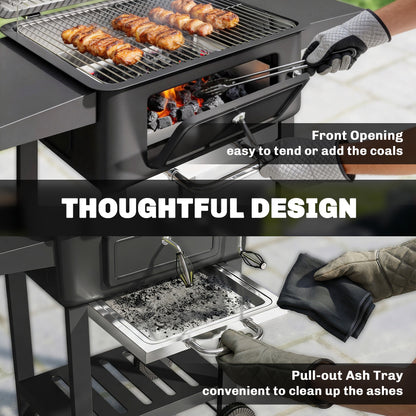 Charcoal BBQ Grill with Adjustable Charcoal Pan, Large Barbecue Grill Smoker with Side Tables, Temperature for Outdoor