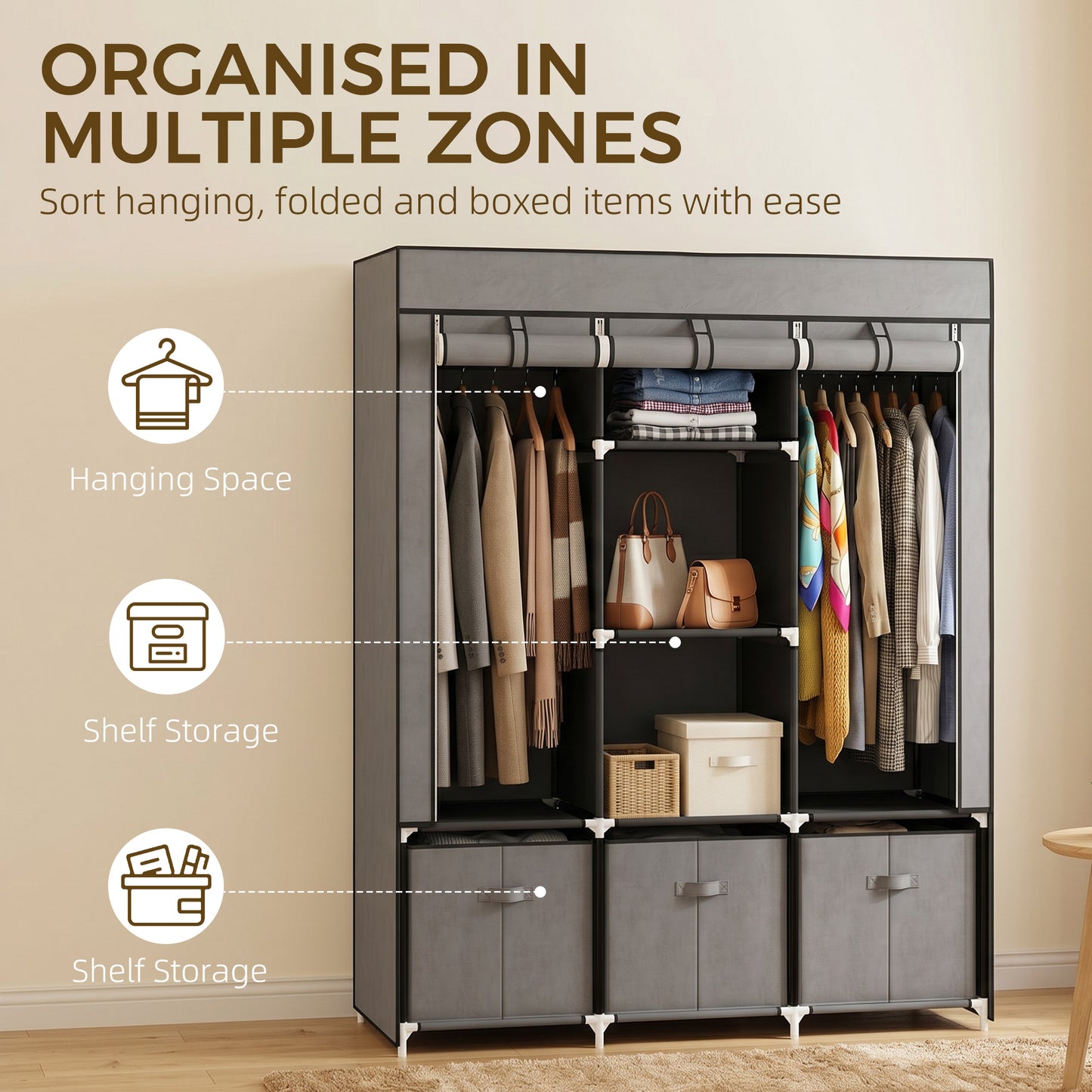 Foldable Fabric Wardrobe for Bedroom, Portable Wardrobe with 5 Shelves, 2 Hanging Rails and 3 Fabric Drawers, Dark Grey