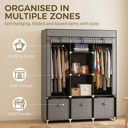 Foldable Fabric Wardrobe for Bedroom, Portable Wardrobe with 5 Shelves, 2 Hanging Rails and 3 Fabric Drawers, Dark Grey