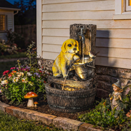 Garden Water Feature with 3-Tier Rustic Puppy Design, Freestanding Resin with LED Lights, Adjustable Flow, Rustic Brown