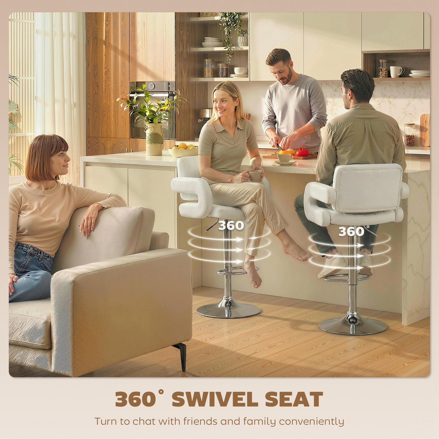 Bar Stools Adjustable Swivel Kitchen Chairs with Backrest Armrest Set of 2 PU Leather White