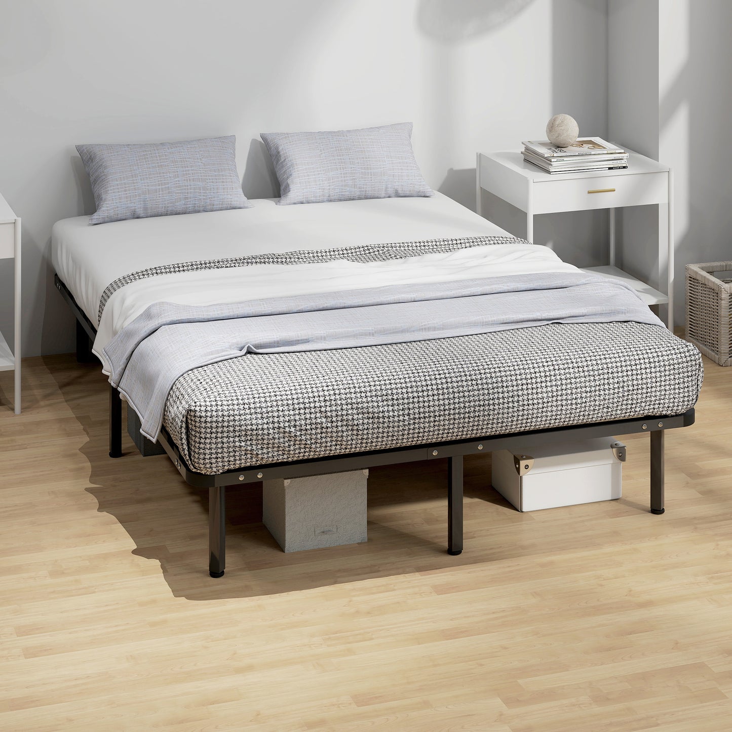4ft6 Double Bed Frame, Metal Platform Bed Frame with 2 x 14 Wood Slats, No Box Spring Needed, Underbed Storage, Black