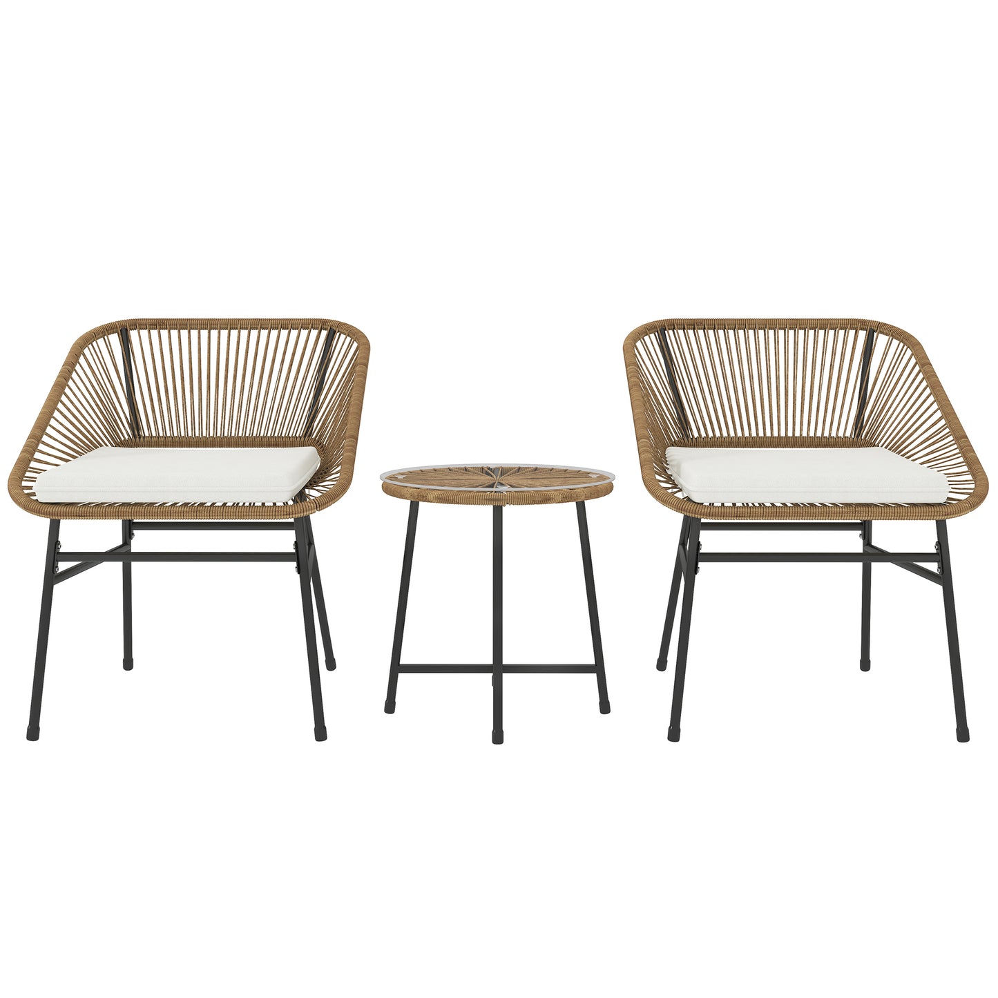 3 Pieces Rattan Bistro Set, Wicker Small Garden Table and Chairs Set with Cushions and Glass Top Coffee Table