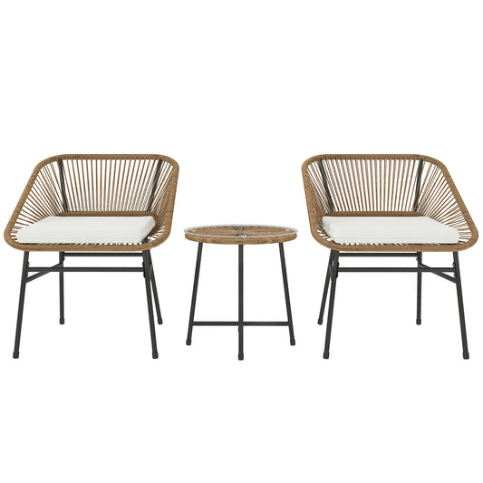 3 Pieces Rattan Bistro Set, Wicker Small Garden Table and Chairs Set with Cushions and Glass Top Coffee Table