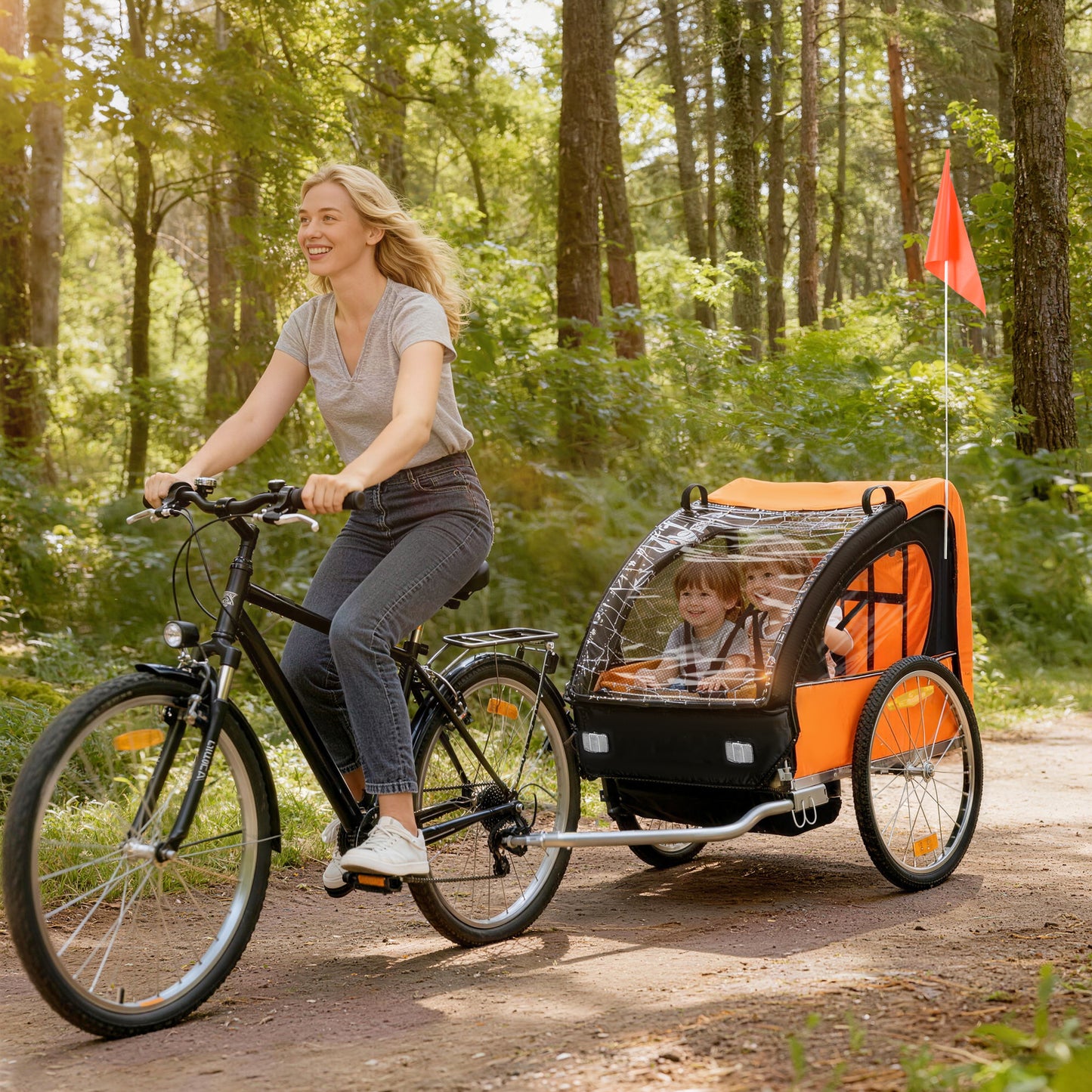 2 Seat Bike Trailer Bicycle wagon for Kids Child Steel Frame Safety Harness Seat Carrier Orange Black 130 x 76 x 88 cm