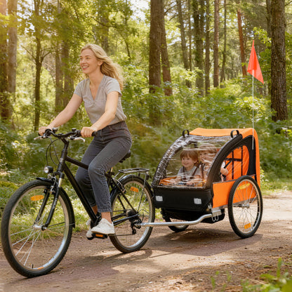 2 Seat Bike Trailer Bicycle wagon for Kids Child Steel Frame Safety Harness Seat Carrier Orange Black 130 x 76 x 88 cm