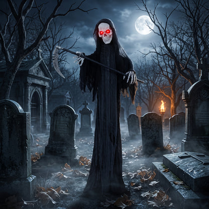 183cm Life Size Animated Grim Reaper Halloween Decoration, Scary Halloween Animatronics Decor with Sound Touch Activated