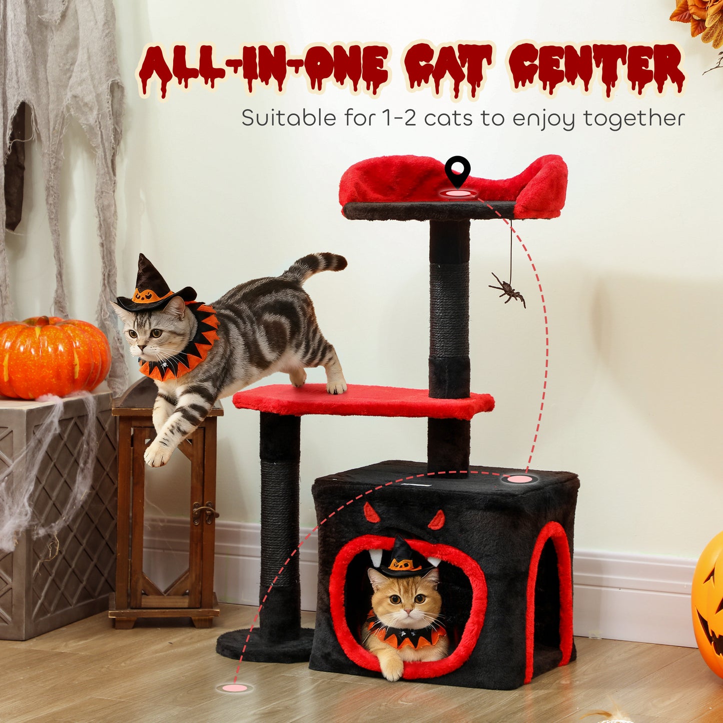 Cat Tree, Gothic Cat Tower with Scratching Posts, Cute Condo, Coffin Platform, Bed and Spider Toy, Halloween
