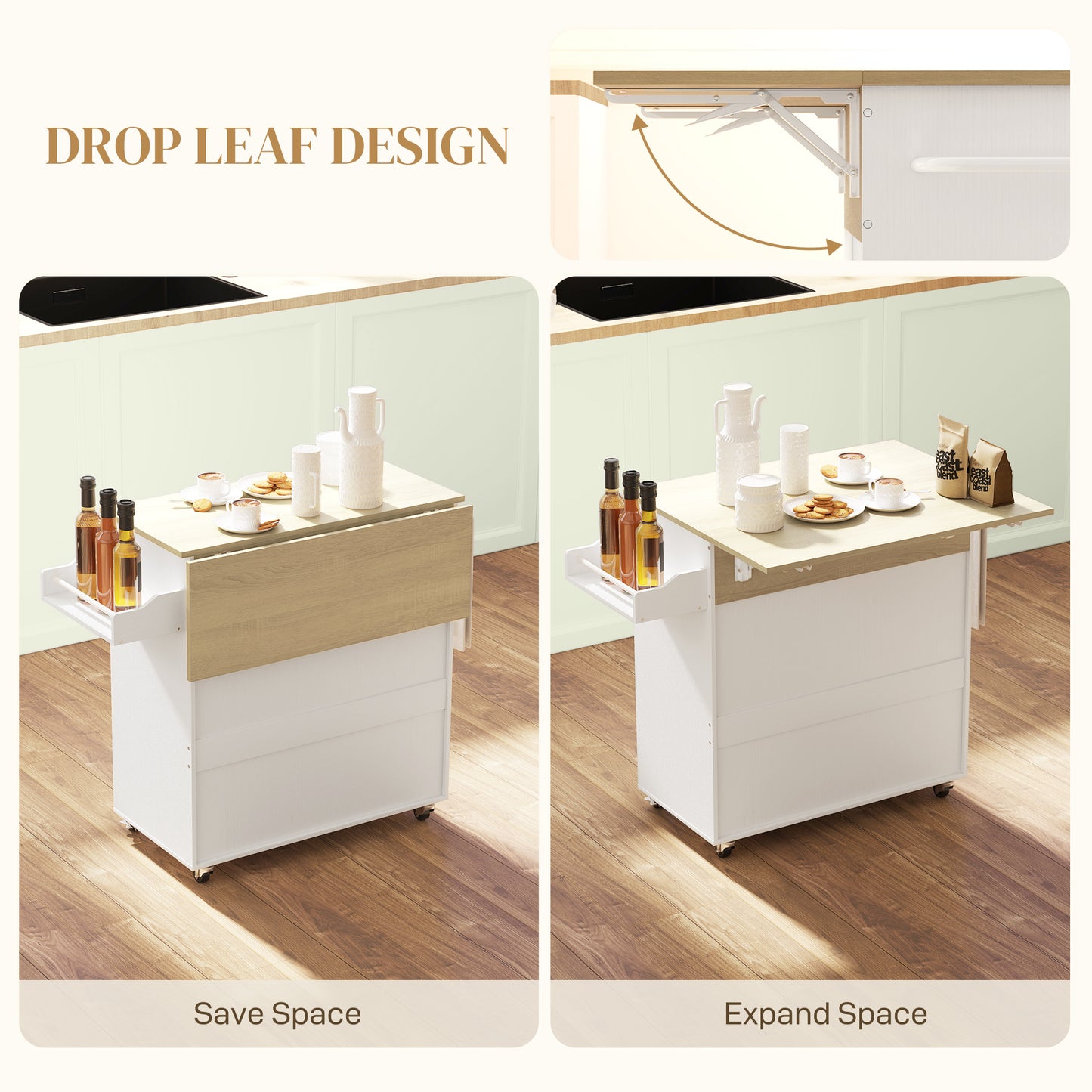 Rolling Kitchen Island with Drop Leaf, Kitchen Storage Cart with Drawer, Spice Rack and Towel Rack, White