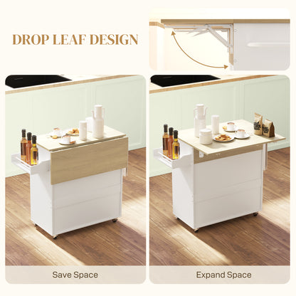 Rolling Kitchen Island with Drop Leaf, Kitchen Storage Cart with Drawer, Spice Rack and Towel Rack, White