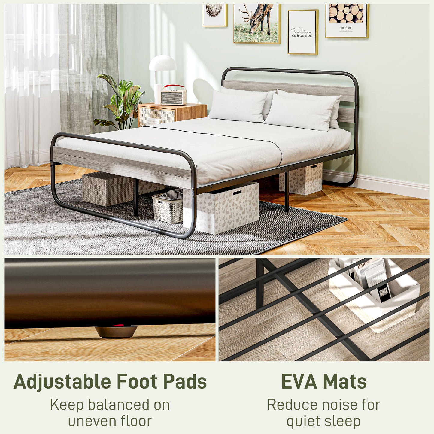 4ft6 Double Bed Frame, Industrial Style Metal Platform Bed Frame with Under Bed Storage, No Box Spring Needed, Easy Assembly