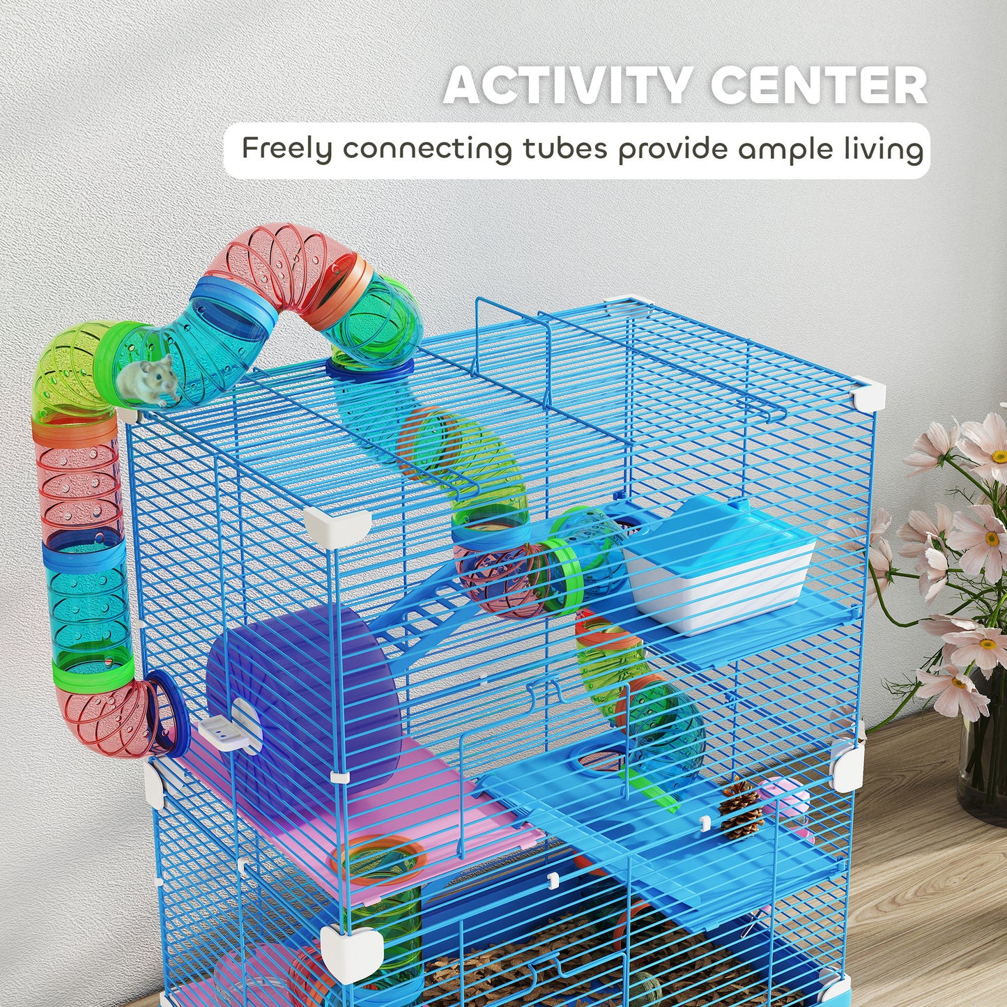 5 Tier Hamster Cage Carrier Habitat w/ Exercise Wheels, Tunnel, Blue