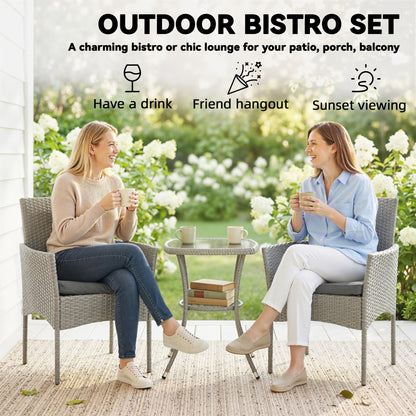 3 Piece Rattan Bistro Set, PE Wicker Garden Furniture Conversation Set with 2 Tier Glass-Top Table, Chairs, Dark Grey