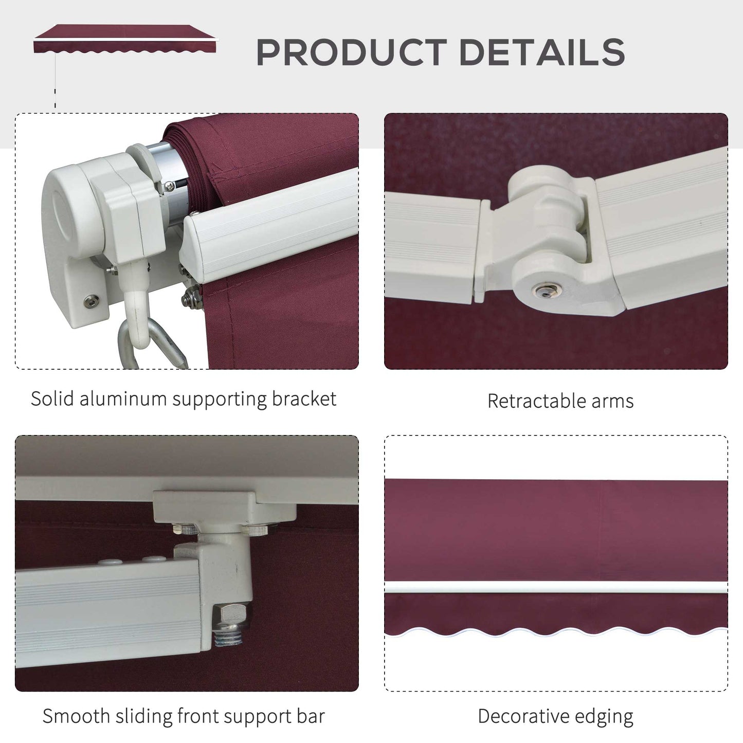3 x 2.5m Manual Retractable Awning for Patio 45-75° Sun Canopy with Waterproof Fabric - Wine Red